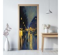 Bleu Sticker Porte 3D, Peinture À L'Huile Paris La Nuit Autocollant Poster de Porte Auto-adhésif Vinyle, Affiche Sticker Mural Chambre Salle de Bain Papier Peint Art Déco, 95 x 215 cm