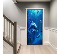 Bleu Sticker Porte effet 3D, Dauphins Océaniques Modernes Auto Adhésif Amovible Imperméable PVC Autocollants De Porte Muraux - Décoration pour Salon Chambre Salle de Bain, 90 x 200 cm