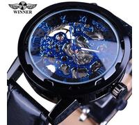 (Bleu) T-winner Hommes Relogios Squelette Montres Marque Luxe Cuir Rayé Montre-Bracelet Hommes Mécanique