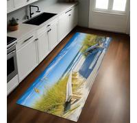 Bleu Tapis de Cuisine Long 50 x 150 cm Plage, Herbe et Promenade en Bois Antidérapant Lavable Confortable Devant Évier Multi-usages pour Salon, Chambre, Buanderie