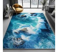 Bleu Tapis Salon, 120 x 170 cm Chambre Lavable en Machine Tapis Grande Taille Vagues Naturelles Photographie de Roches Doux Antidérapant pour Salle à Manger Cuisine, Chambre à Coucher