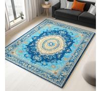 Bleu Tapis Salon Antique, Moquette Lavable en Machine avec Dessous Antidérapant, Vintage Floral Géométrique Tapis Décoratif pour Chambre Cuisine Entrée et Maison 60 x 90 cm