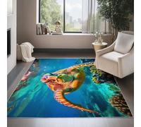 Bleu Tapis Salon Lavable, Poil Court Antidérapant, Tapis Doux Créature sous-Marine Illustration De Tortue Imprimé Motif pour Chambre Cuisine Couloir Entrée, 120 x 180 cm