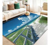 Bleu Tapis Salon Moderne, 120 x 170 cm Super Doux et Antidérapant Grand Tapis pour Chambre Adulte Salle à Manger Cuisine, Anime Japonais Zone Côtière Plage Pont en Bois Motif Tapis Poil Ras