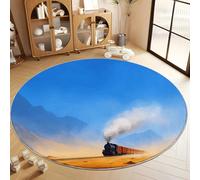 Bleu Tapis Salon Rond Art Numérique Désert Train À Vapeur Intérieur Doux Tapis de Chambre Rond, Poil Court Antidérapant Moquette Ronds - pour Salon Chambre Enfant & Salle À Manger 180 cm