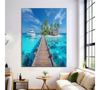 Bleu Toile Tableau Peinture à Île Jetée En Bois Murale Art Paysage Tropical, Affiches Moderne Chambre Salon Decoration à La Maison Tableaux, 50x70cm Sans Cadre