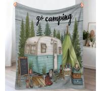 Bleu Vert Flanelle Couverture, Vintage Illustration Douce Chaud Couvertures pour Adultes et Enfants, Véhicule Tente Pin Hypoallergénique Épais Couverture lit pour Lit Chaise Canapé, 220 x 240 cm