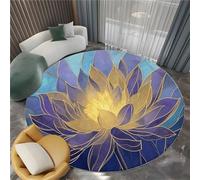 Bleu-Vert Tapis Rond Lotus Doré Peint À La Main Tapis Rond, Salon Anti-Slip Lavable À Poils Courts Doux Antidérapant 100 cm - pour Salon Chambre Cuisine Bureau & Salle À Manger Moquette Ronds