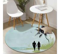 Bleu Vert Tapis Rond Salon 80 cm, Mer Méditerranée Cocotiers Gens Imprimer Tapis de Sol Décoration Antidérapant pour Salon Chambre Cuisine Balcon Terrasse Salle à Manger Intérieur