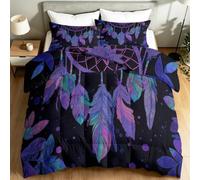 Bleu Violet Réversible Couette en Duvet, Douce Parure de lit Moderne Bohème pour Enfants, Attrape-Rêves Plumes Perles Feuilles Pois Lavable en Machine Couette Décoration Chambre, 140 x 200 cm 3 Pièces
