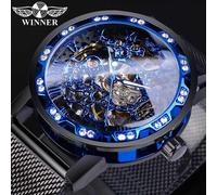 (bleu) Winner Golden Watches Montre mécanique squelette pour homme avec bracelet en acier inoxydable