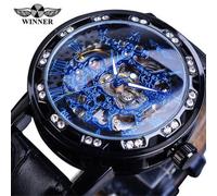 (bleu) Winner Noir Doré Rétro Lumineux Aiguilles Mode Diamant Affichage Homme Mécanique Squelette Poignet