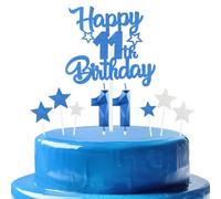 bleues royales Joyeux 11ème anniversaire bougies gâteau Toppers Set,3D Numéro 11 bougie pour gâteau,11ème anniversaire décorations pour filles garçons,bleues royales bougie pour fête d'anniversaire