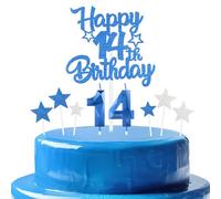 bleues royales Joyeux 14ème anniversaire bougies gâteau Toppers Set,3D Numéro 14 bougie pour gâteau,14ème anniversaire décorations pour filles garçons,bleues royales bougie pour fête d'anniversaire