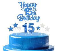 bleues royales Joyeux 15ème anniversaire bougies gâteau Toppers Set,3D Numéro 15 bougie pour gâteau,15ème anniversaire décorations pour filles garçons,bleues royales bougie pour fête d'anniversaire