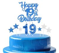 bleues royales Joyeux 19ème anniversaire bougies gâteau Toppers Set,3D Numéro 19 bougie pour gâteau,19ème anniversaire décorations pour filles garçons,bleues royales bougie pour fête d'anniversaire