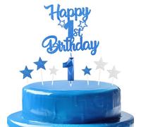 bleues royales Joyeux 1er anniversaire bougies gâteau Toppers Set,3D Numéro 1 bougie pour gâteau,1er anniversaire décorations pour filles garçons,bleues royales bougie pour fête d'anniversaire