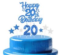 bleues royales Joyeux 20ème anniversaire bougies gâteau Toppers Set,3D Numéro 20 bougie pour gâteau,20ème anniversaire décorations pour filles garçons,bleues royales bougie pour fête d'anniversaire