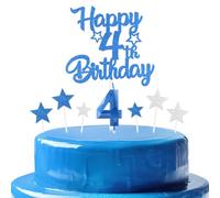 bleues royales Joyeux 4ème anniversaire bougies gâteau Toppers Set,3D Numéro 4 bougie pour gâteau,4ème anniversaire décorations pour filles garçons,bleues royales bougie pour fête d'anniversaire