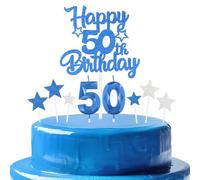 bleues royales Joyeux 50ème anniversaire bougies gâteau Toppers Set,3D Numéro 50 bougie pour gâteau,50ème anniversaire décorations pour hommes femmes,bleues royales bougie pour fête d'anniversaire
