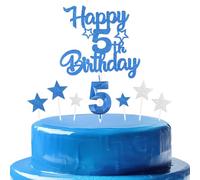 bleues royales Joyeux 5ème anniversaire bougies gâteau Toppers Set,3D Numéro 5 bougie pour gâteau,5ème anniversaire décorations pour filles garçons,bleues royales bougie pour fête d'anniversaire