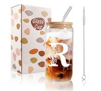 Bliceon Tasse à café glacé en verre avec initiale A-Z personnalisable pour femme, 500 ml pour maman, amis et sœurs, homme, papa, tasse à café glacé avec couvercles et pailles (R)