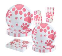 BlinBlin Ensemble De Vaisselle Patte De Chien Rose, Ce Repas Réutilisable, Pouvant Accueillir 20 Personnes, Comprend Assiettes Et Gobelets Et Est Parfait Pour Une Fête Sur Le Thème Des Chiens.