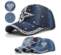 Bling Casquette de Baseball pour Femme avec Strass Scintillants Denim Jean Casquette de Baseball Tendance Snapback Hip Hop Chapeau de Soleil (Dark Blue, One Size)