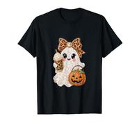 Bling Ghost Chemise Halloween Léopard Nœud Latte Citrouille Mignon T-Shirt Graphique avec Valeur
