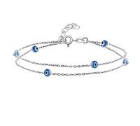 Bling Jewelry Amulette De Protection Minimaliste Délicate Avec Double Rangée De Mauvais Œil Bleu Aqua, Bracelet De Cheville Pour Femmes Adolescentes Argent Sterling .925 De 8,5 À 9,5 Pouces