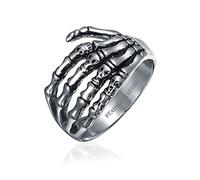 Bling Jewelry Anneau De Bande De Main De Squelette Enveloppant pour Hommes Et Adolescents en Acier Inoxydable Ton Argent Oxydé Halloween Goth Biker Punk Rocker