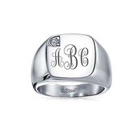 Bling Jewelry Bague Chevalière Carrée Pour Homme En Acier Inoxydable Argenté Avec Initiales Monogramme Personnalisées Et Accent En Zircon Cubique Pour Homme Gravée Sur Mesure