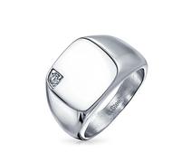 Bling Jewelry Bague Chevalière Carrée pour Homme en Acier Inoxydable Ton Argent avec Accent en Zircon Cubique CZ Personnalisé Gravure Monogramme Initiale