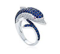 Bling Jewelry Bague Dauphin Pavage De Zirconium Bleu Marine Avec Cz En Bypass Pour Femmes Laiton Plaqué Argent Noir