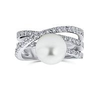 Bling Jewelry Bague De Déclaration De Mode Géométrique Criss Cross Pave Cz Solitaire White Simuléeted Perle Pour Femmes Laiton Plaqué Argent