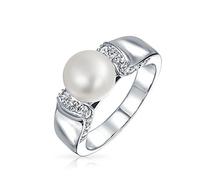 Bague De Fiançaillesilles De Style Art Déco Avec Solitaire En Cz Pavé Et Perle De Culture D'Eau Douce Blanche Pour Femmes Laiton Plaqué Argent