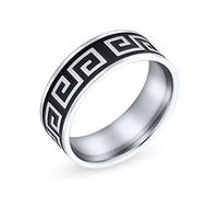 Bling Jewelry Bague de mariage plate à motif géométrique grec ancien pour hommes et femmes en acier inoxydable noir argenté deux tons 8MM