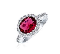 Bling Jewelry Bague De Mode Déclaration En Grenat Rouge Simulé CZ Solitaire Ovale 3CTW Pave Zircone Cubique Pour Femmes En Laiton Plaqué Argent Personnalisable