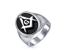Bling Jewelry Bague Maçonnique pour Hommes en Acier Inoxydable Argenté avec Compas Carré de Société Secrète Ovale Noir