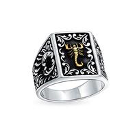 Bling Jewelry Bague Personnalisées Pour Hommes Grande Bague Horoscope Scorpion Pour Homme Patine Noire En Laiton Bicolore Argent .925 Fait La Main En Turquie Personnalisable
