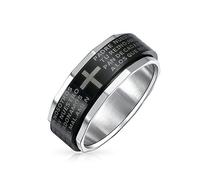 Bling Jewelry Bague Toupie Anti-Stress Croix Prière du Seigneur Notre Père Religieuse Unisexe Personnalisée pour Hommes Femmes Adolescents Ton Argent Noir Acier Inoxydable