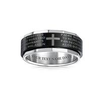 Bling Jewelry Bague Toupie Anti-Stress Croix Prière du Seigneur Notre Père Religieuse Unisexe Personnalisée pour Hommes Femmes Adolescents Ton Argent Noir Acier Inoxydable Gravure Personnalisée