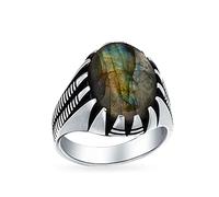 Bling Jewelry Bague Western Pour Hommes En Argent 925 Oxydé, Faite À La Main En Turquie, Personnalisable Paires De Griffes D'Animaux En Gros Cabochons Ovales En Labradorite Irisée.