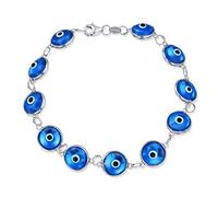 Bling Jewelry Bracelet Amulette de Protection Porte-Bonheur en Perles de Verre Translucide Turc Œil Mauvais pour Femmes Adolescents en Argent Sterling .925 Bleu 7 Pouces