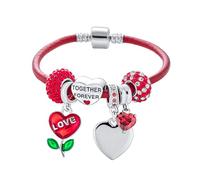 Bling Jewelry Bracelet Charme Perle Européenne Cœur Relation Anniversaire Amour Saint-Valentin Cuir Rouge Véritable Pour Femmes Argent Sterling