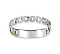 Bling Jewelry Bracelet d'identification avec barre gravée personnalisée pour homme, croix X, maillons, deux tons, plaqué or mat, en acier inoxydable, 8 pouces.