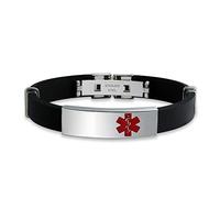 Bling Jewelry Bracelet D'Identification Médicale Gravable Pour Les Hommes Pour Ados Argent, Acier Inoxydable, Noir Avec Garnitures Ajustables, Caoutchouc Silicone 8.5 Pouces