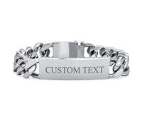 Bling Jewelry Bracelet d'identification pour hommes personnalisable avec barre de nom solide plaquée, chaîne à maillons gourmette, ton argent, en acier inoxydable gravé sur mesure.