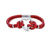 Bracelet En Cuir À Plusieurs Brins Avec Cordon Tressé Fin Rouge Pour Femme Cœur Ouvert Ton Argenté Acier Pour Petite Amie