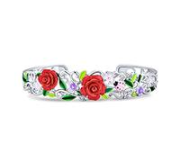 Bling Jewelry Bracelet Manchette Pour Femmes En Argent Filigrané Avec Coccinelle Sculptée En 3D Bouquet Floral De Fleurs Rouges Pour Le Jardin De Printemps